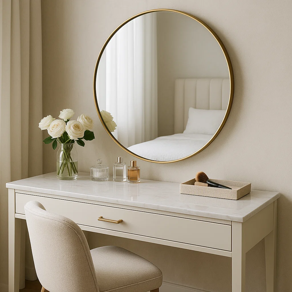 White vanity with round gold mirror and roses with a neutral chair in a bedroom.