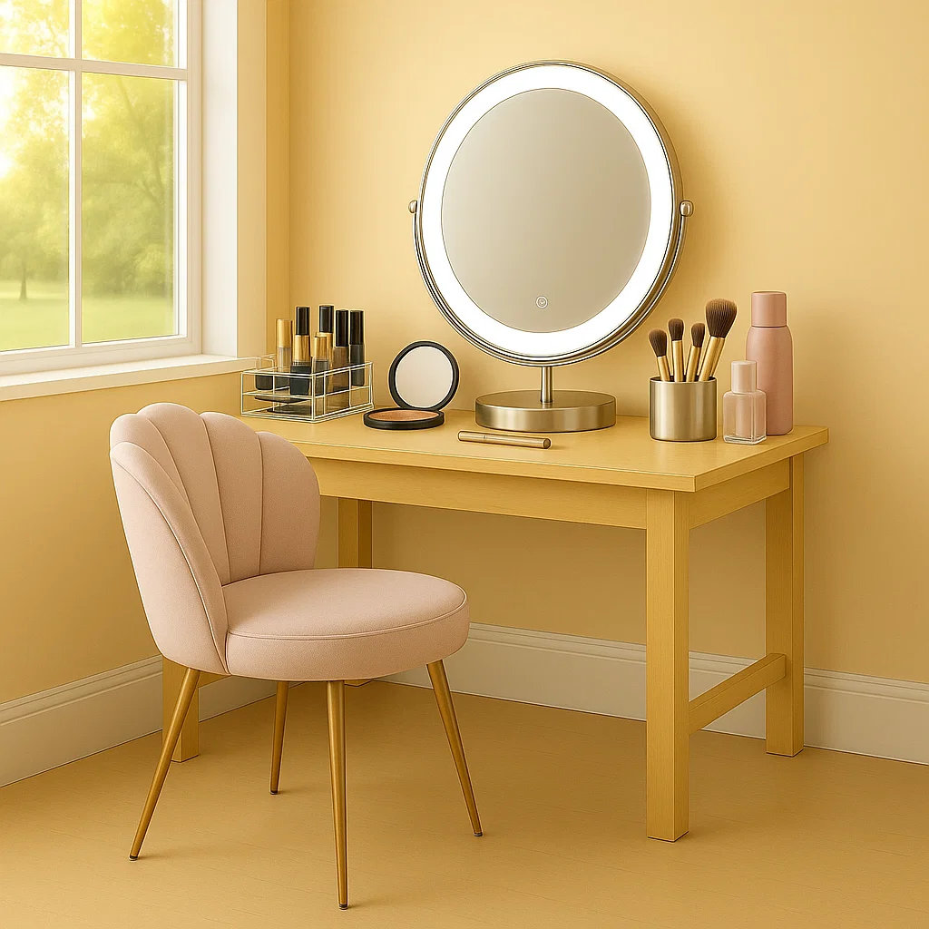 Pink cushioned chair paired with a vanity desk for comfortable makeup sessions.
