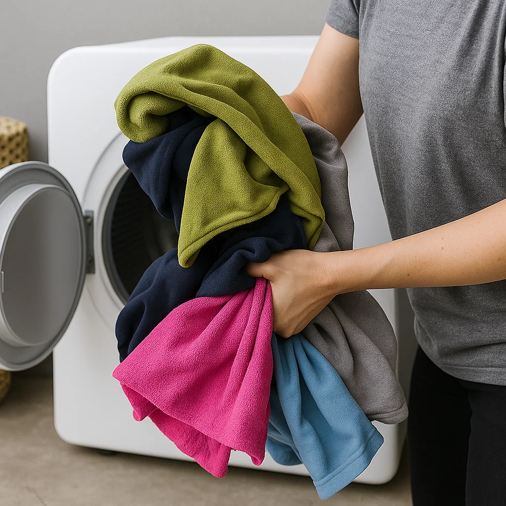 Person holding freshly washed clothes in front of a dryer, preparing to load them properly.