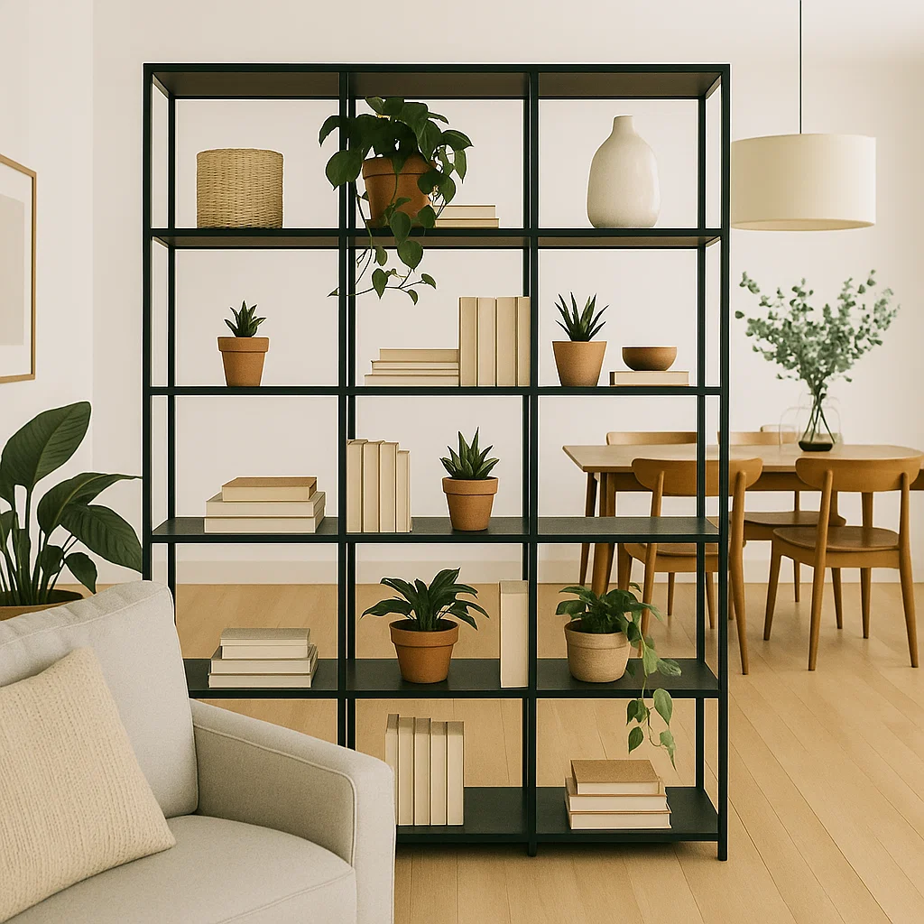 Black open shelving unit with books and potted plants serving as functional room divider in modern living space.