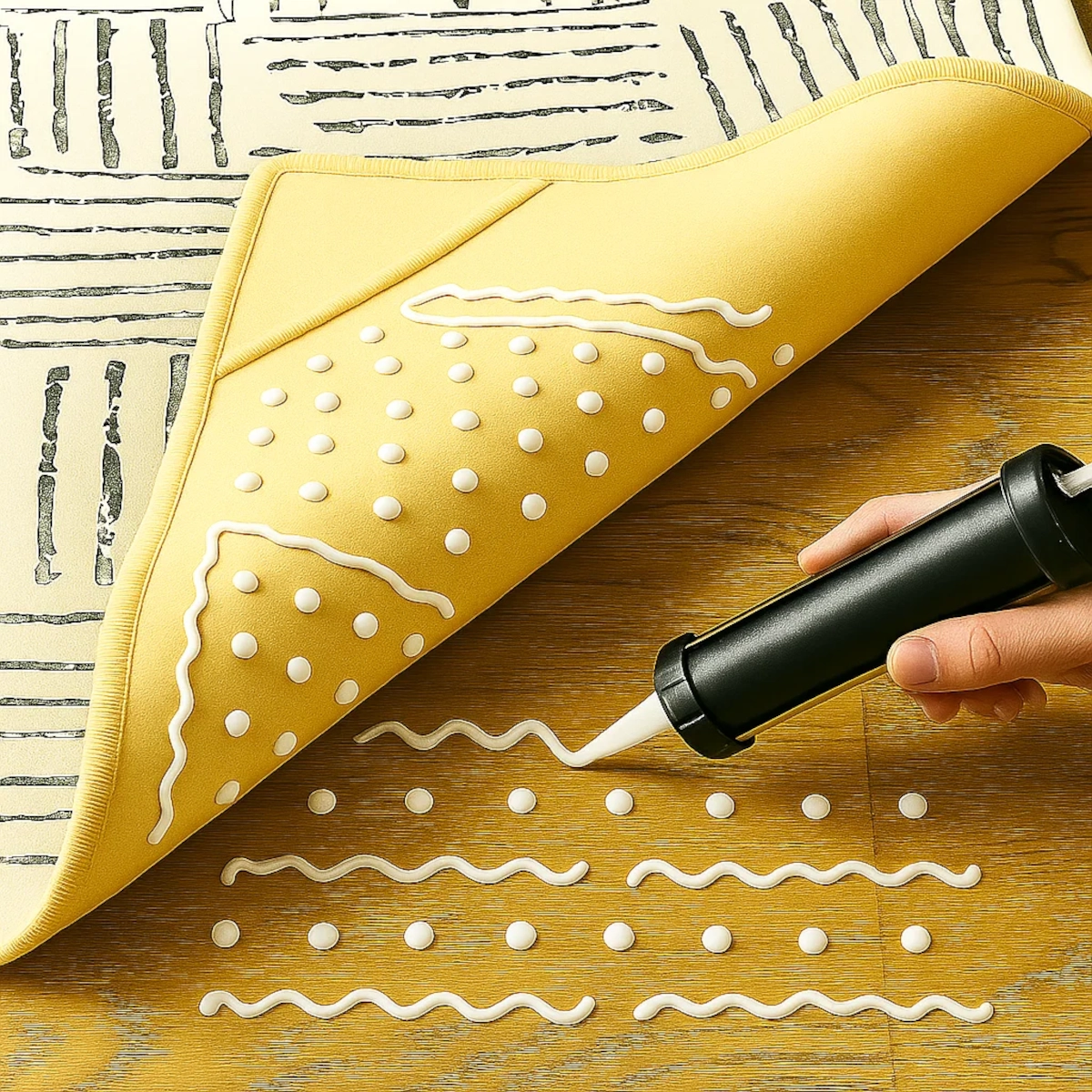 Silicone dots and wavy lines applied on the back of an area rug for customized anti-slip grip.