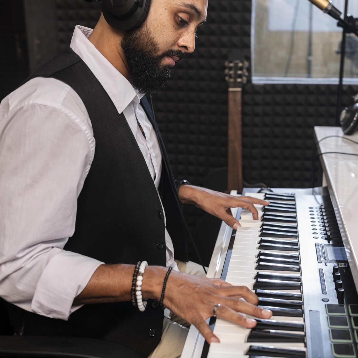 Man playing digital piano in recording studio, wearing headphones and focusing on performance