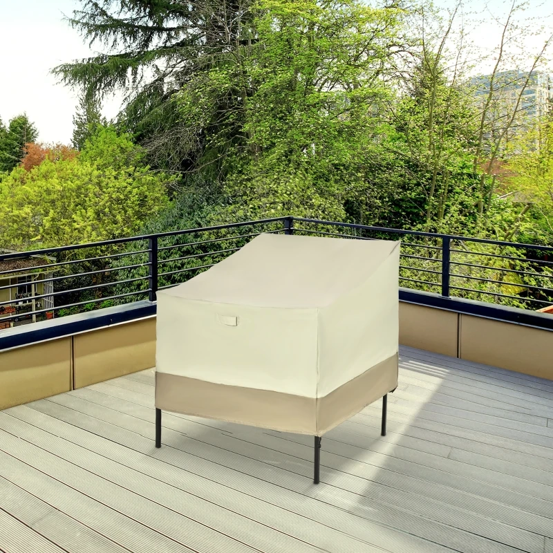 Beige cover protecting single patio armchair