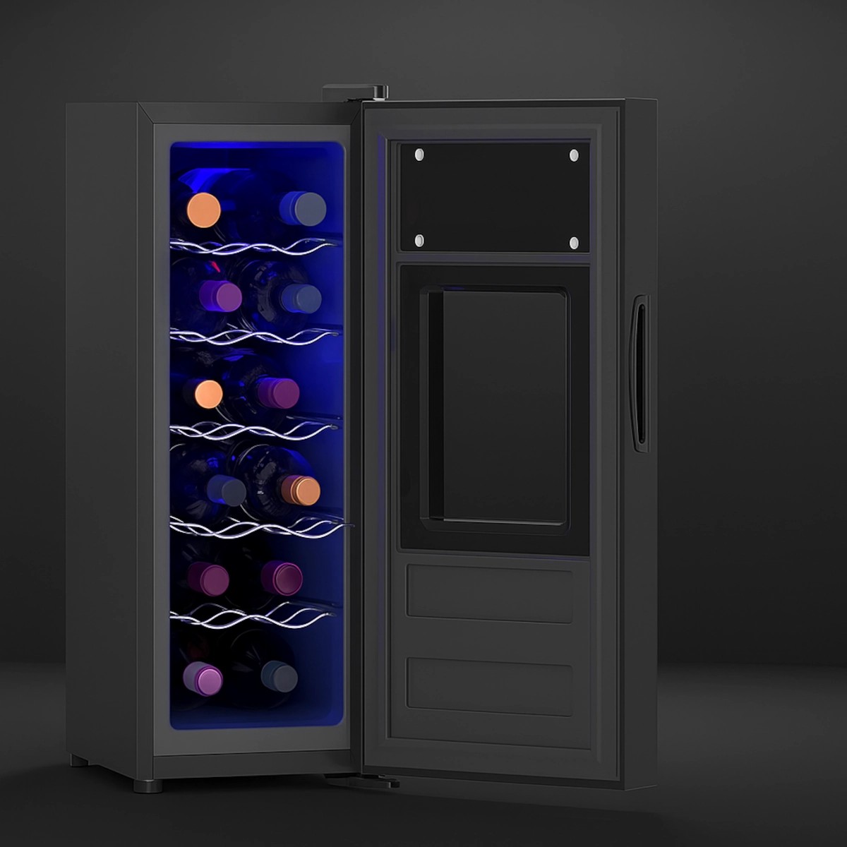 Open single-zone wine fridge illuminated with blue interior light