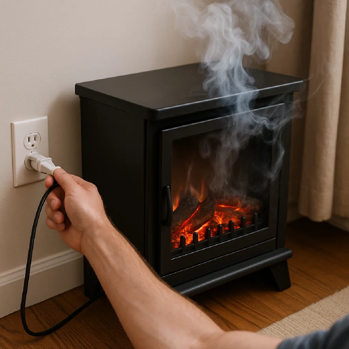 Hand unplugging an electric fireplace emitting smoke due to overheating or malfunction.