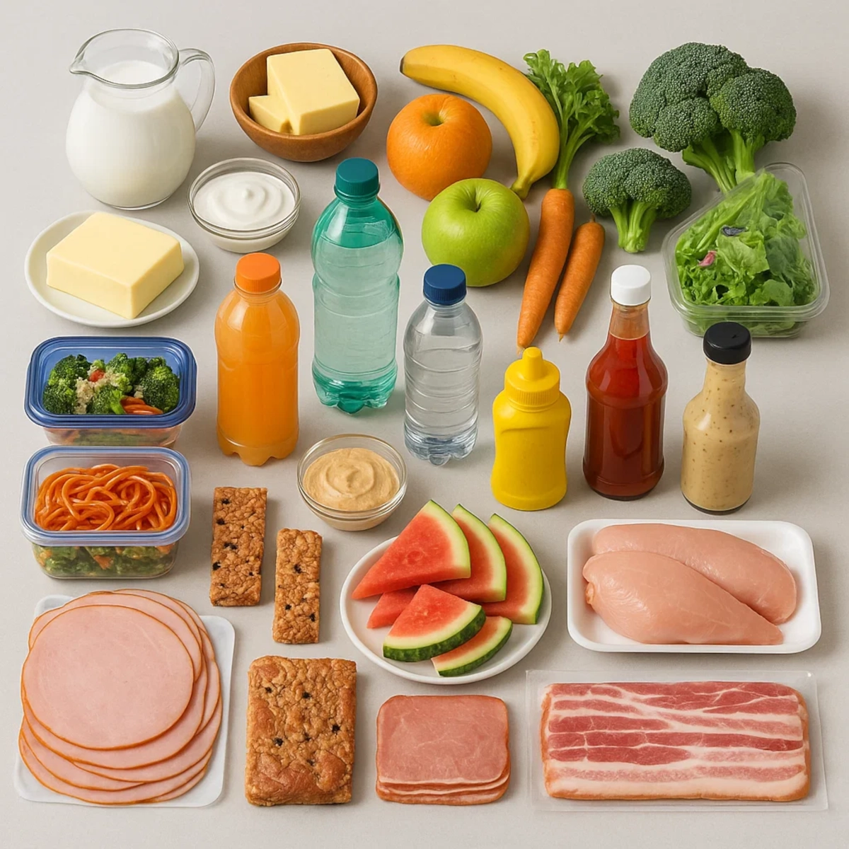 Assorted foods and drinks grouped by type on a countertop for fridge organization.