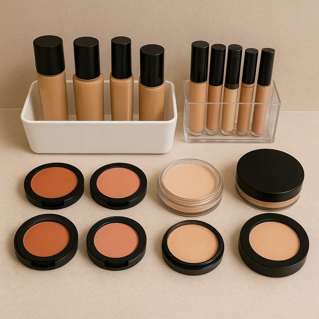 Variety of foundations, concealers, blushes, and powders organized on a flat surface.