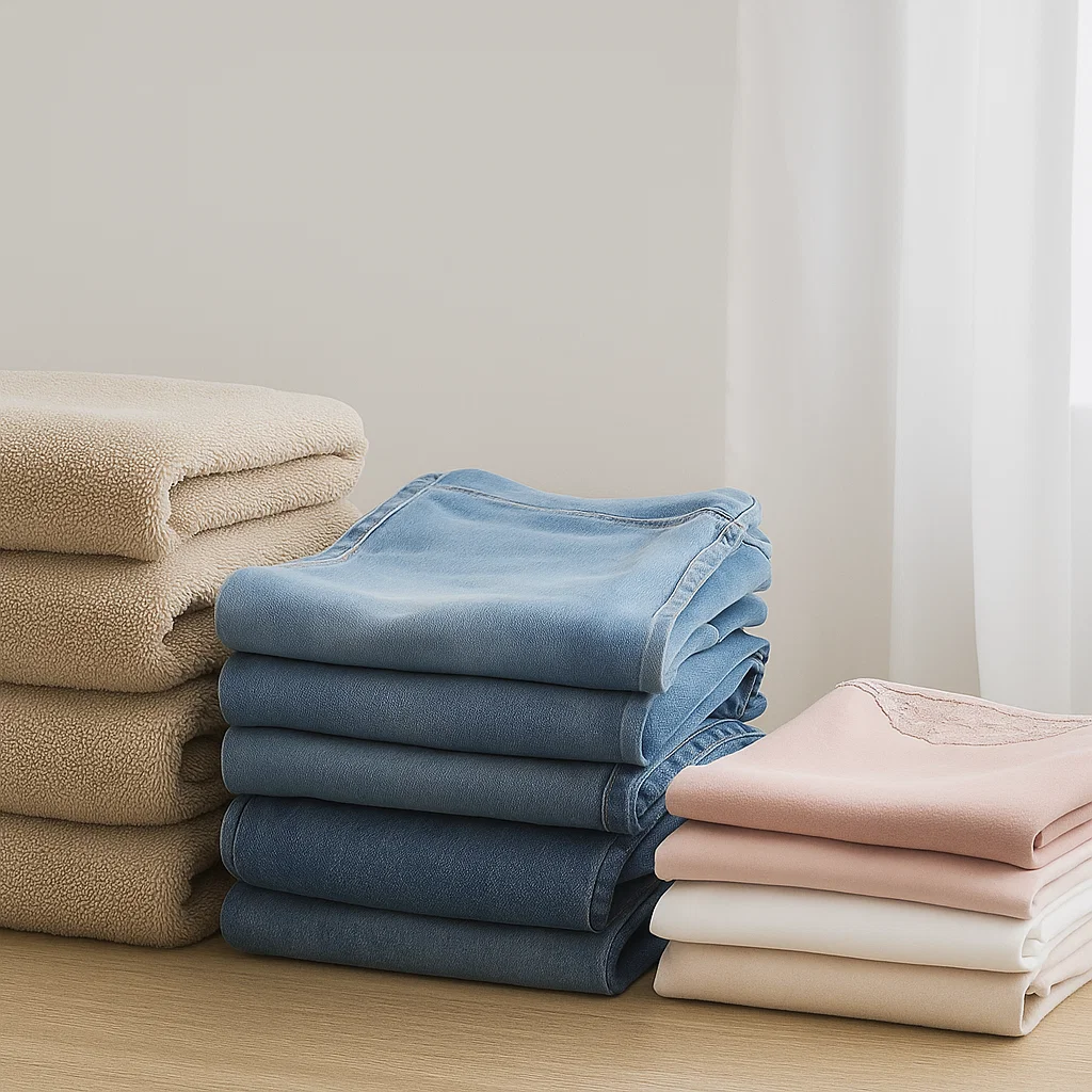 Folded towels, denim, and delicate fabrics stacked neatly on a wooden surface near a window.