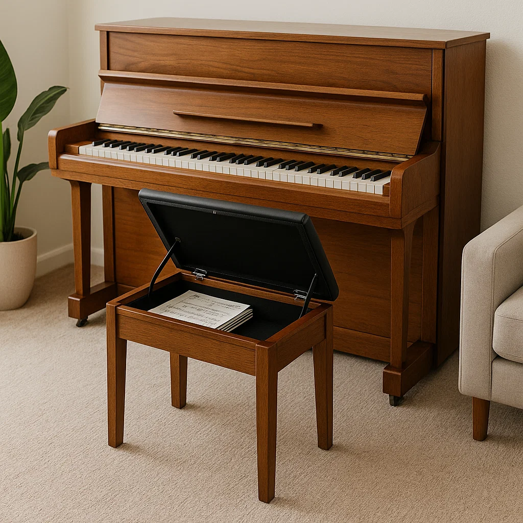 Brown piano bench with open storage compartment under upright piano