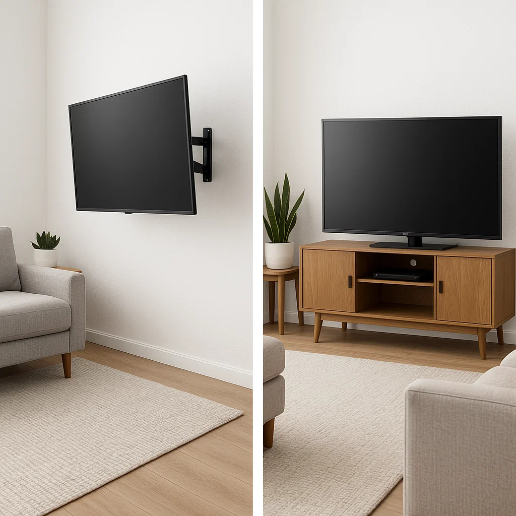 Child reaching for a wall-mounted TV, with a cat curiously observing from the floor below.