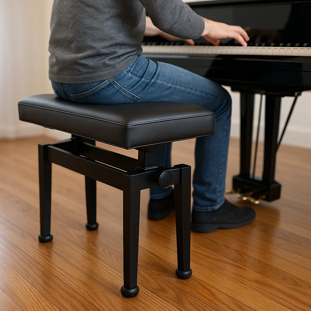 Black metal-frame piano bench highlighting sturdy adjustable legs and seat
