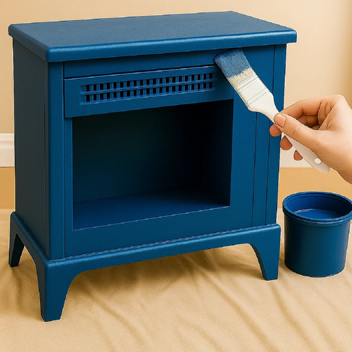 Alt text: Blue paint being applied to an electric fireplace cabinet for a vibrant, refreshed finish.