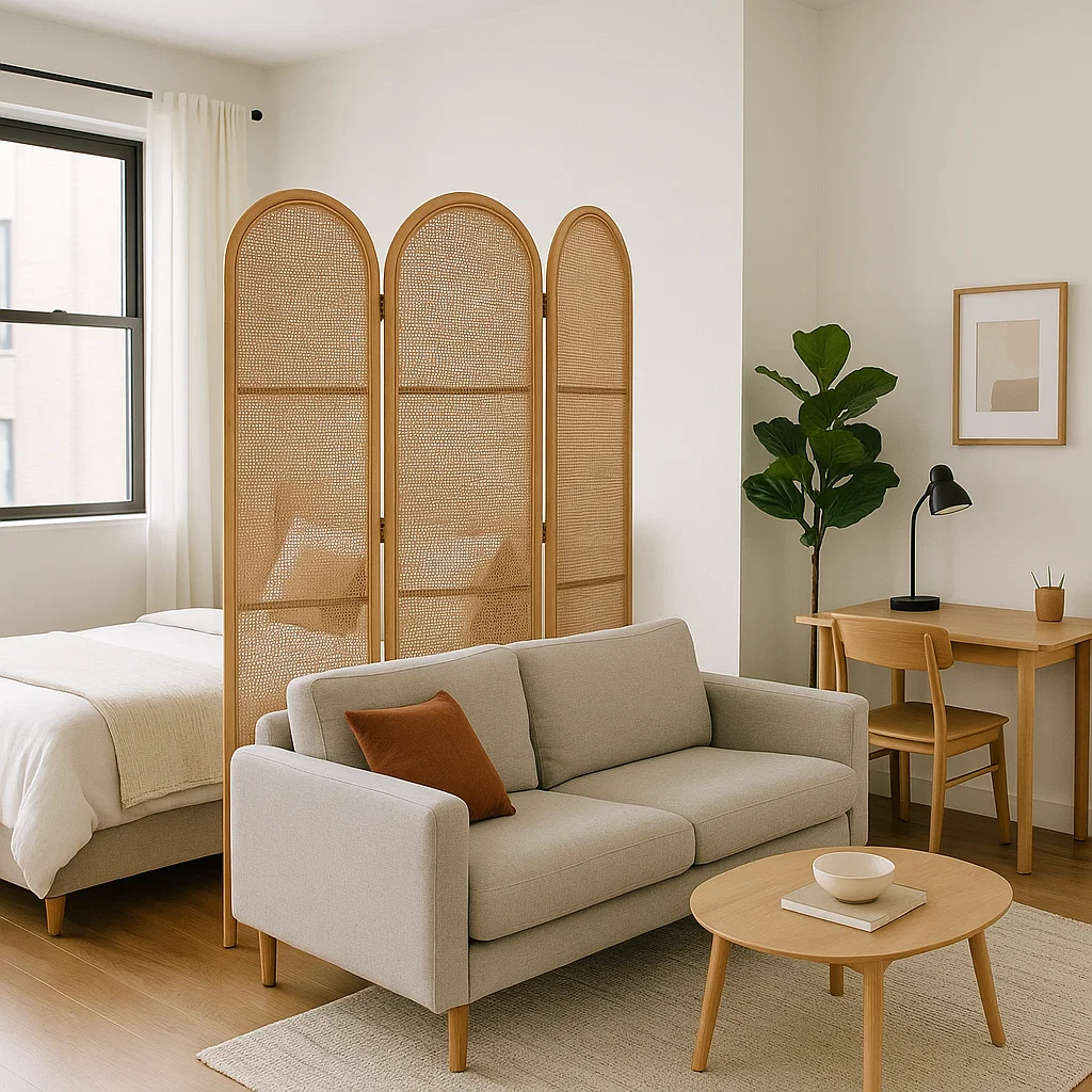 Neutral-toned room divider separates bedroom and living space in a minimalist studio apartment