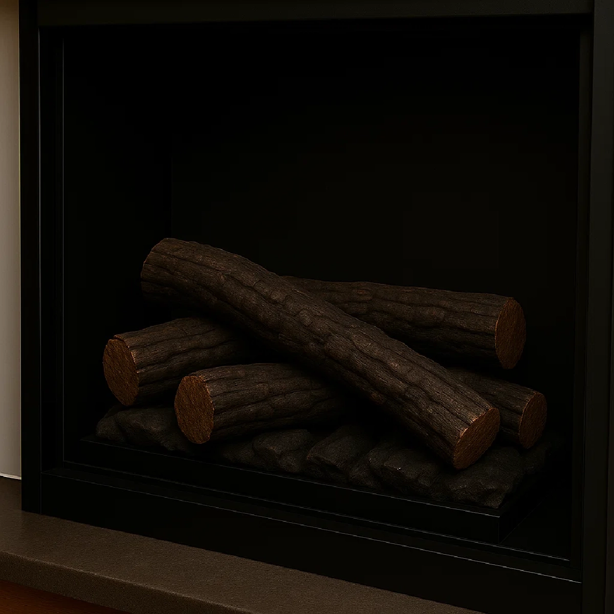 Large logs arranged at the back of the electric fireplace for a strong foundation.