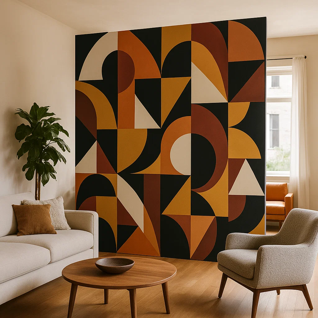 Bold geometric patterned divider adding vibrant artistic touch to modern living room interior.