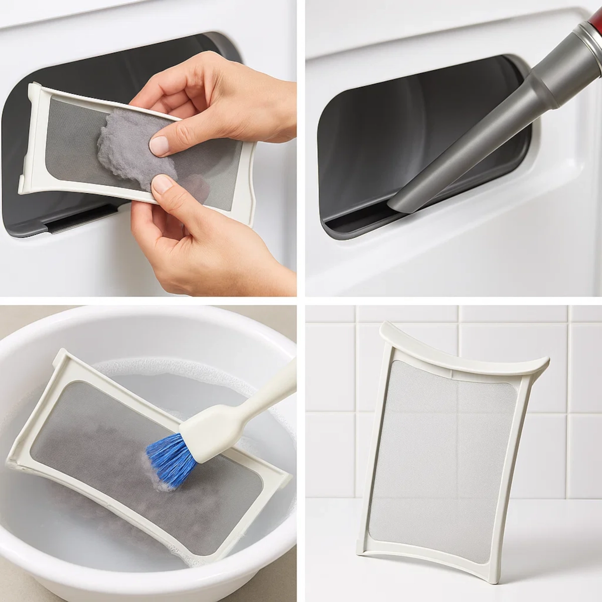Removing and washing lint trap with brush and water.