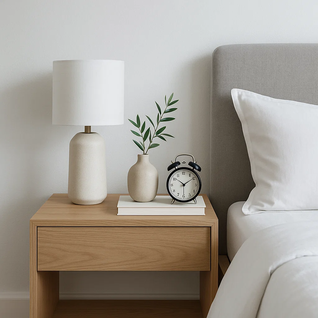 Light wood bedside table with lamp, clock, and decorative vases.
