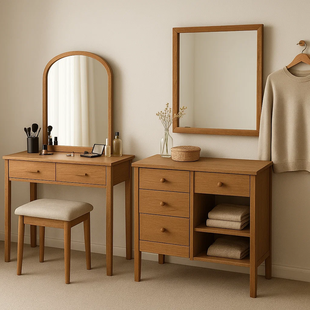 Wooden vanity and matching storage cabinet with mirrors, brushes, and folded towels in neutral bedroom décor.