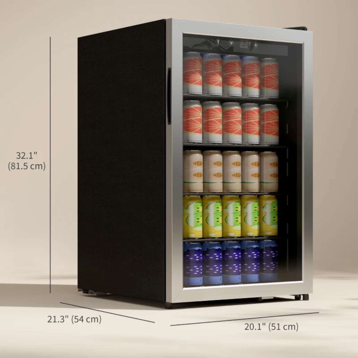Compact beverage fridge on table with dimensions and capacity for eight wine bottles