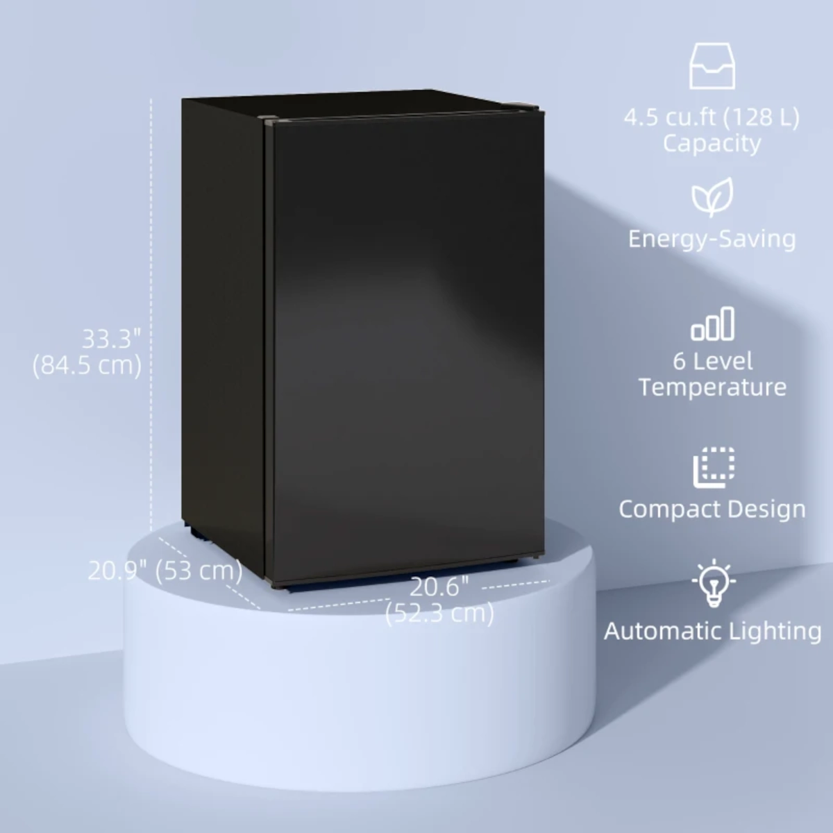 Black mini fridge on display stand showing height, width, and key product features