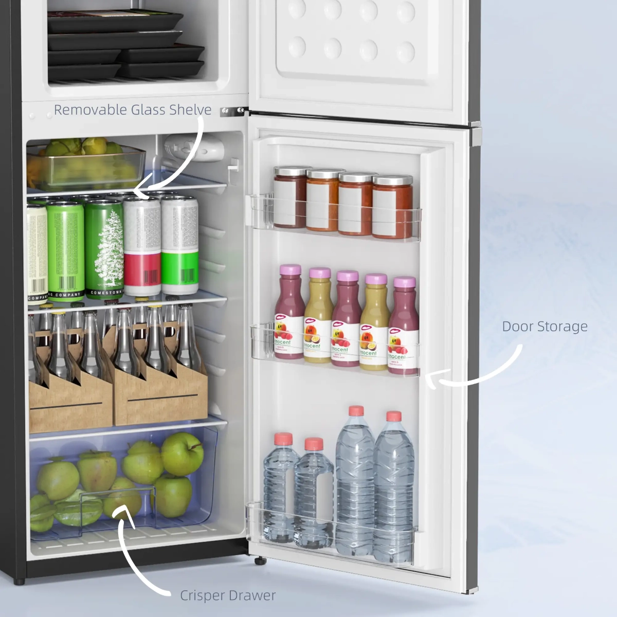 Interior design of a mini fridge showing adjustable shelves, crisper drawer, and efficient bottle storage.