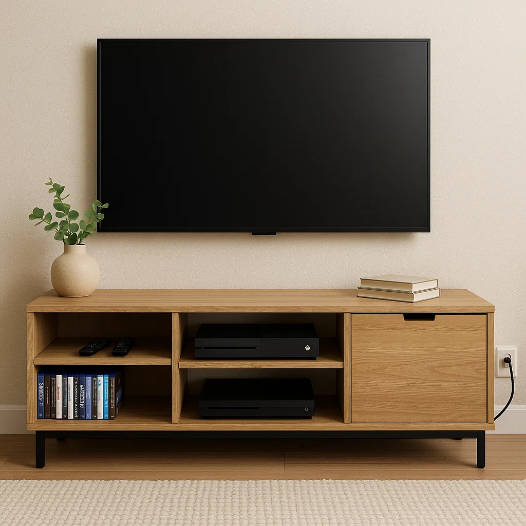 Wall-mounted TV above a sleek TV stand, showcasing efficient and organized living room storage.
