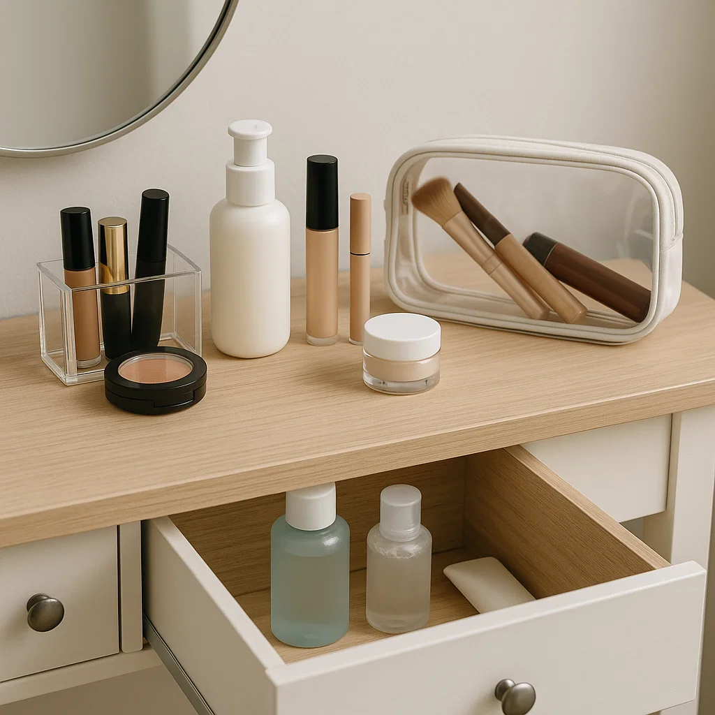 Vanity with open drawer showing skincare bottles, makeup, and brushes in a clear pouch.