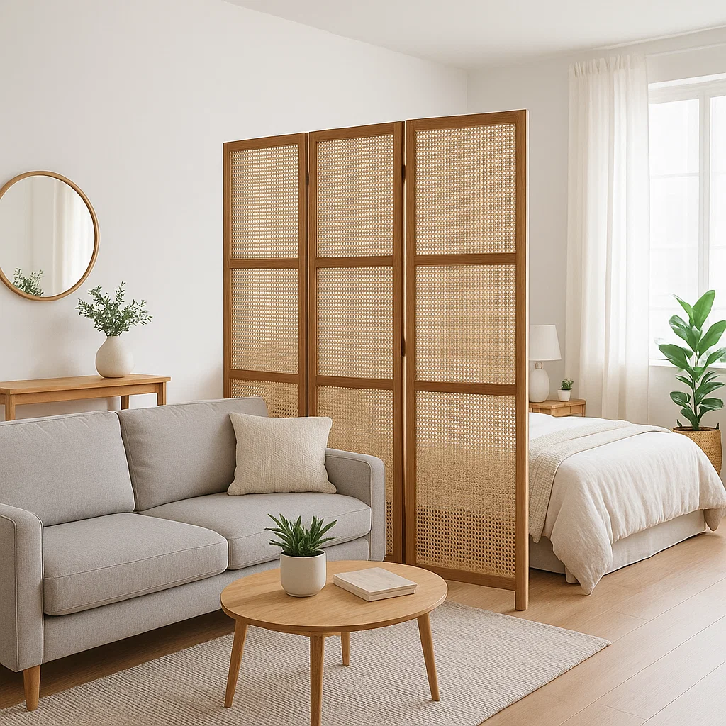 Arched woven room divider complements soft-toned decor in a modern studio apartment with natural light