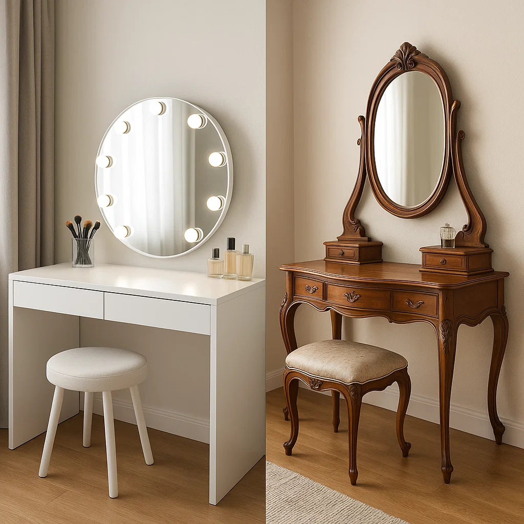 Modern white vanity with lighted round mirror beside ornate vintage wooden dressing table with oval mirror.