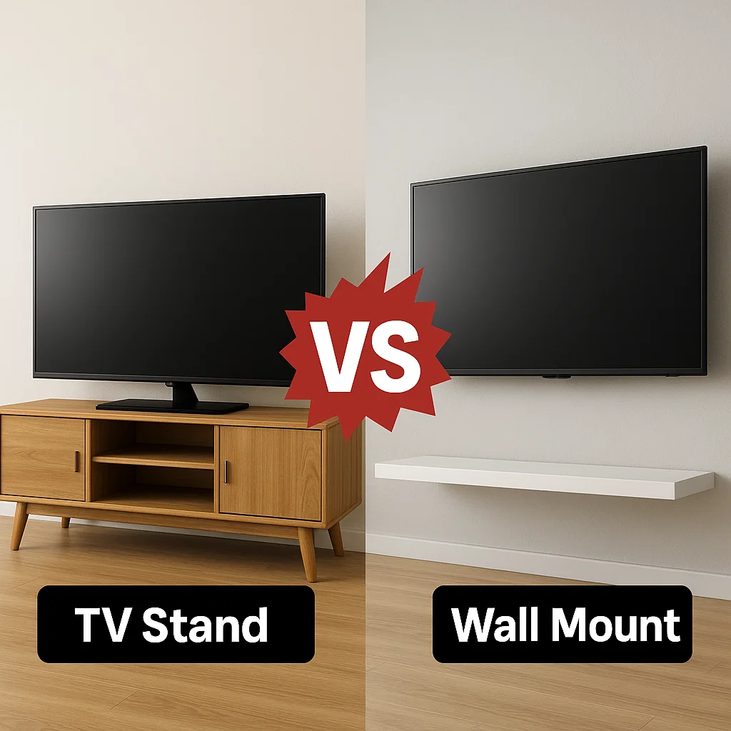 Comparison of TV on a wooden stand versus wall-mounted TV, highlighting space-saving benefits.