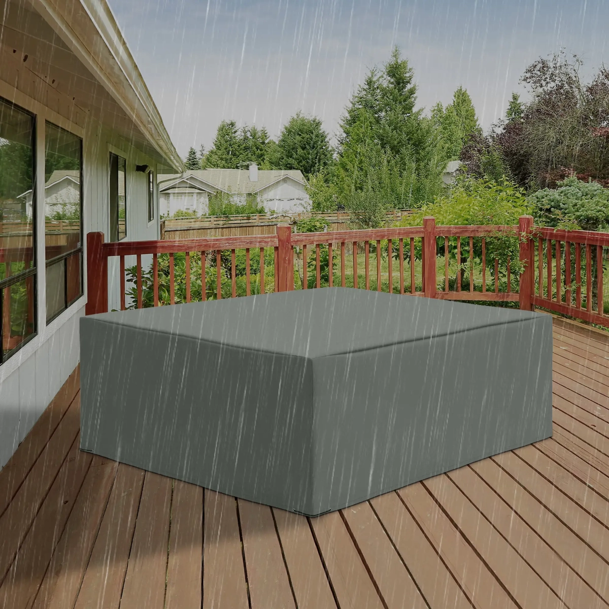 Dark grey outdoor table and chairs cover in rain