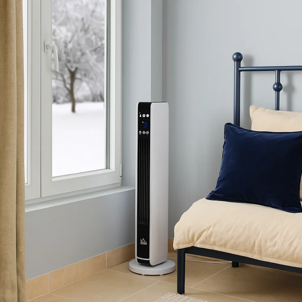 Space heater near desk by window to reduce drafts and keep workspace warm.