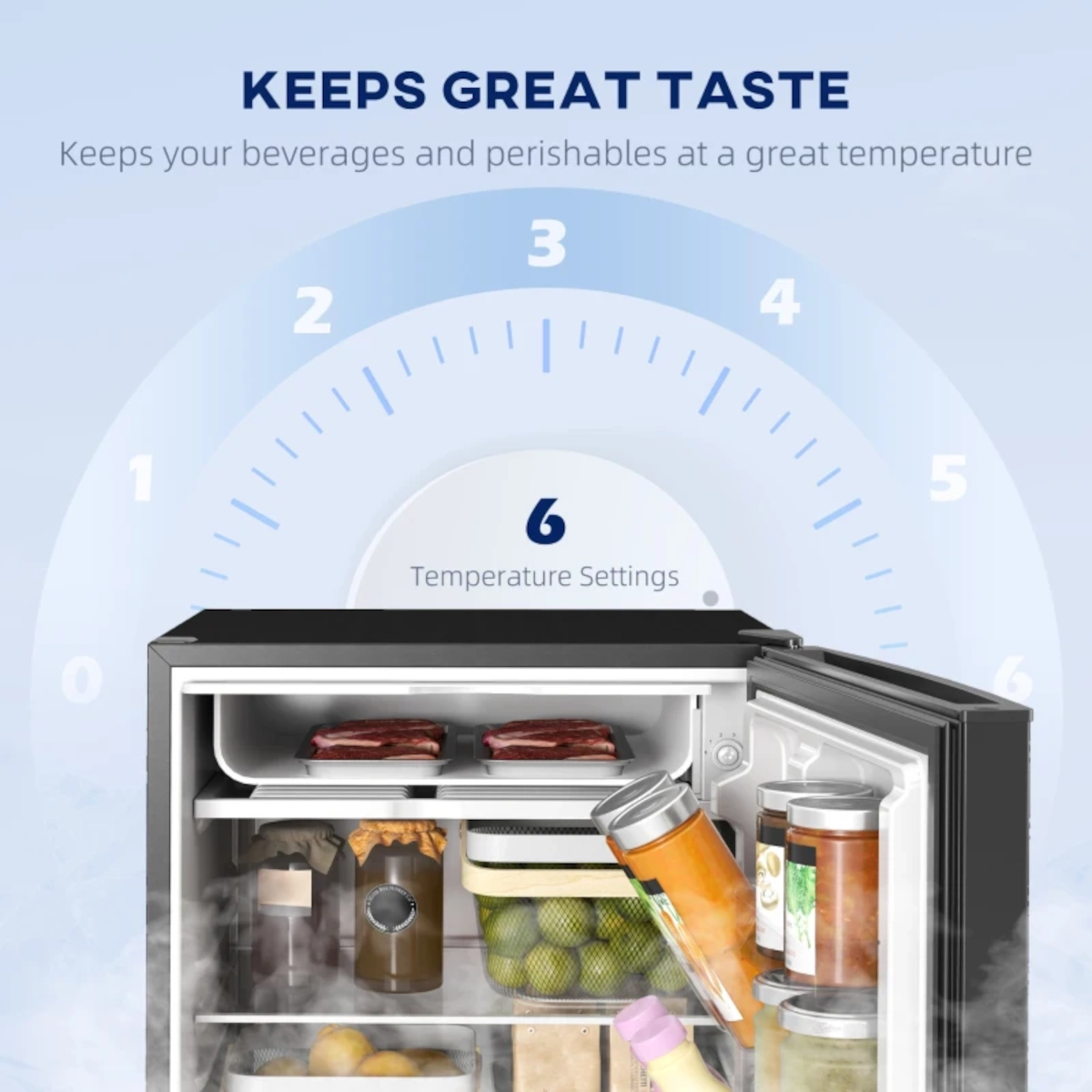 Open mini fridge showing meats, fruits, and drinks with 6 temperature settings for preservation