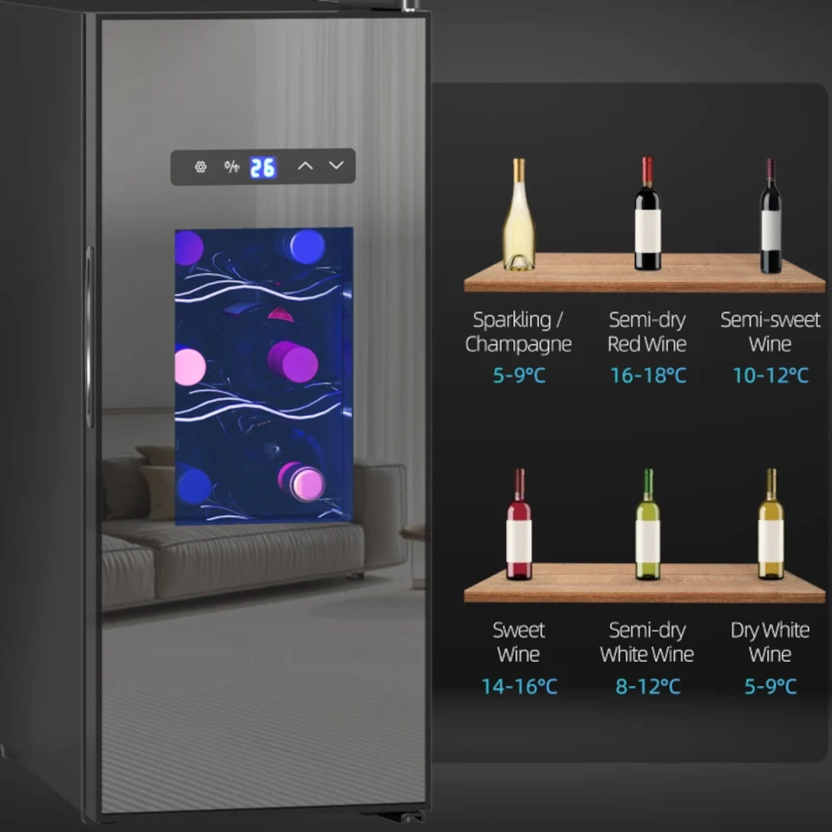 Illustrated wine bottles with recommended temperature ranges