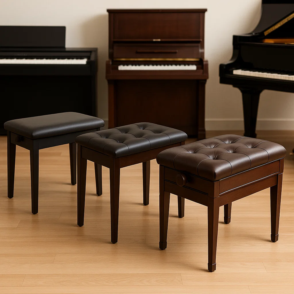 Three tufted piano benches in varied finishes displayed before pianos