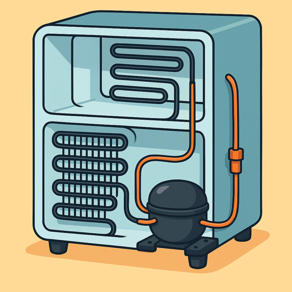 Cutaway view of a mini fridge freezer revealing the compressor, coils, and refrigerant flow system.