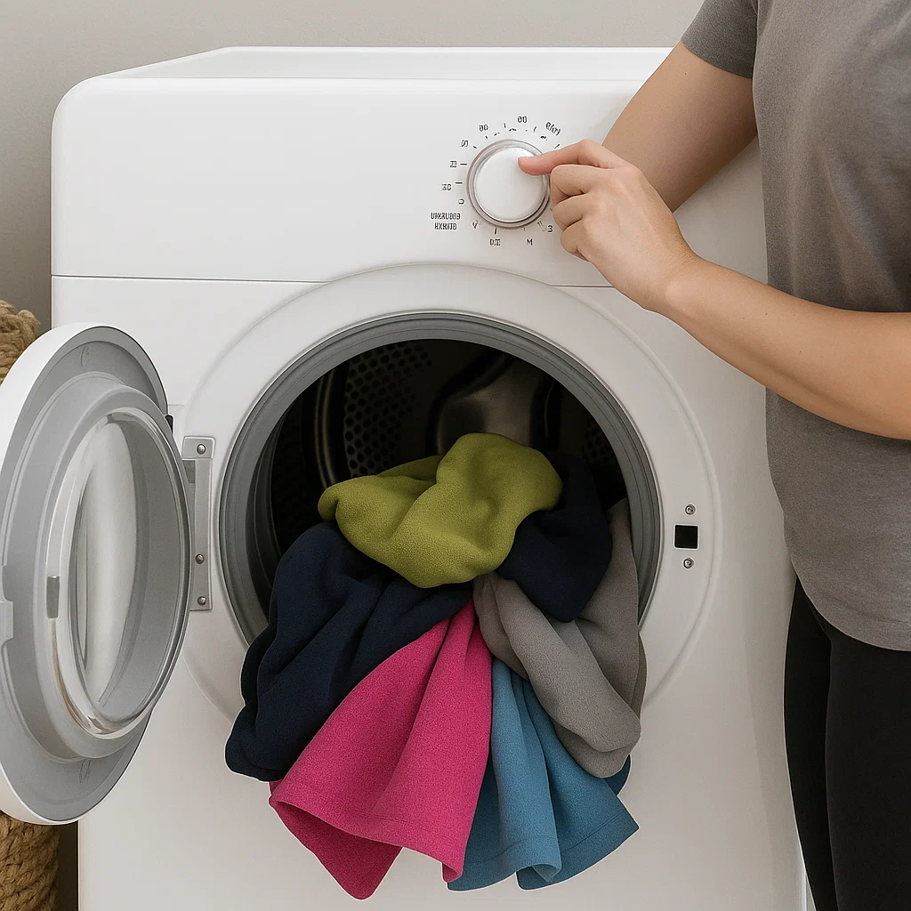 Person adjusting the drying time setting knob on a compact white electric clothes dryer.