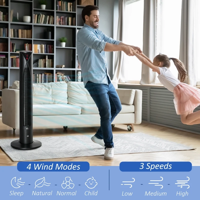 Father and daughter playing near tower fan with mode icons.