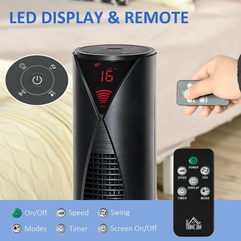 Close-up of tower fan LED display with remote control.