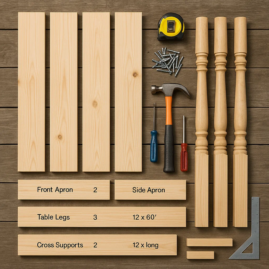 Console table materials and tools neatly arranged on workbench.