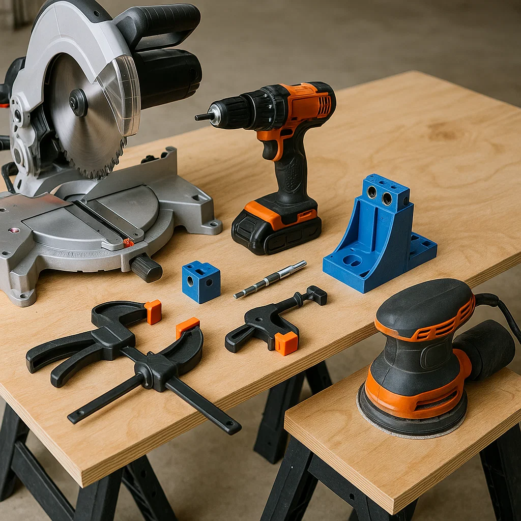Assorted woodworking tools including saw, drill, sander, clamps, and pocket hole jig on workbench.