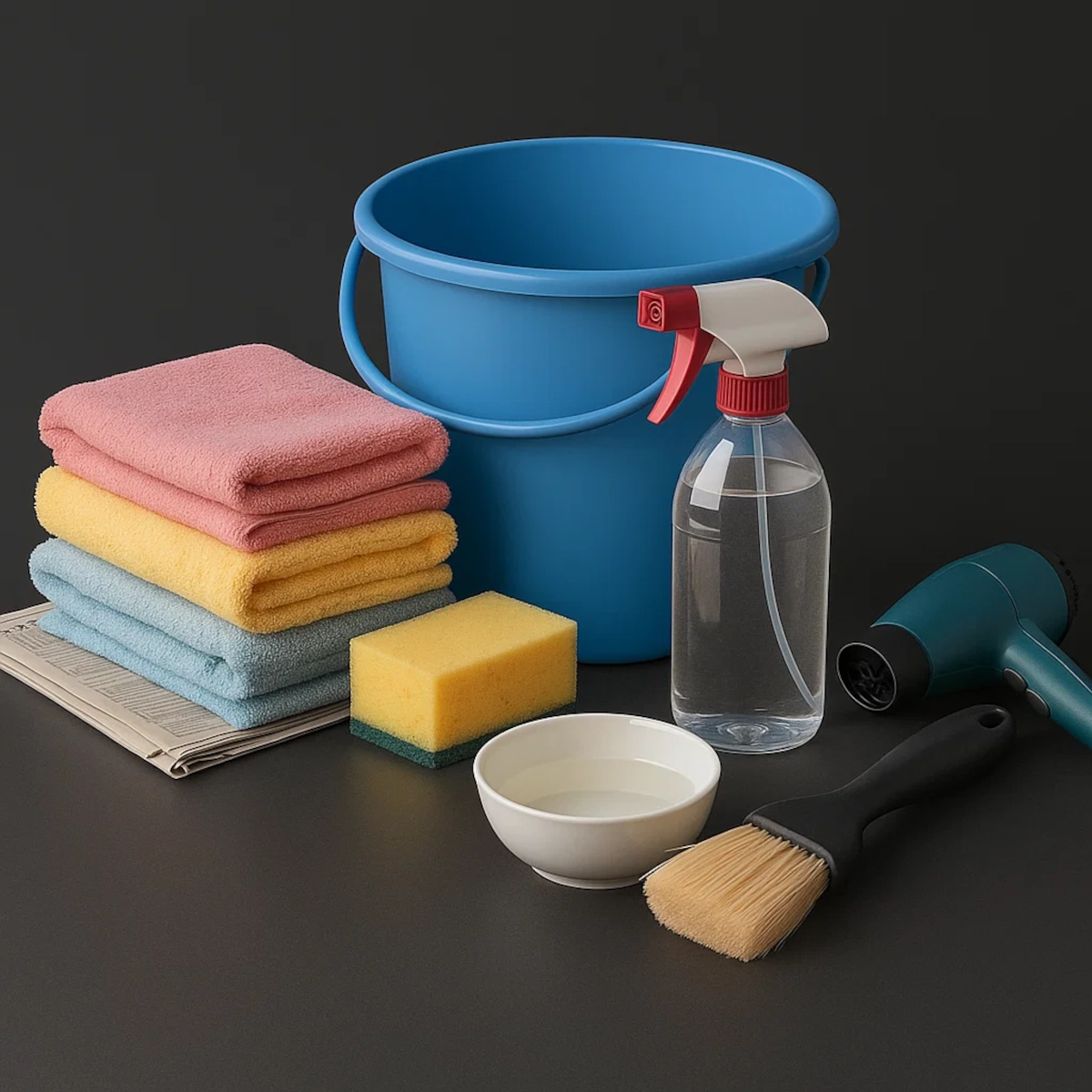 Cleaning supplies including bucket, towels, brush, spray, and sponge.