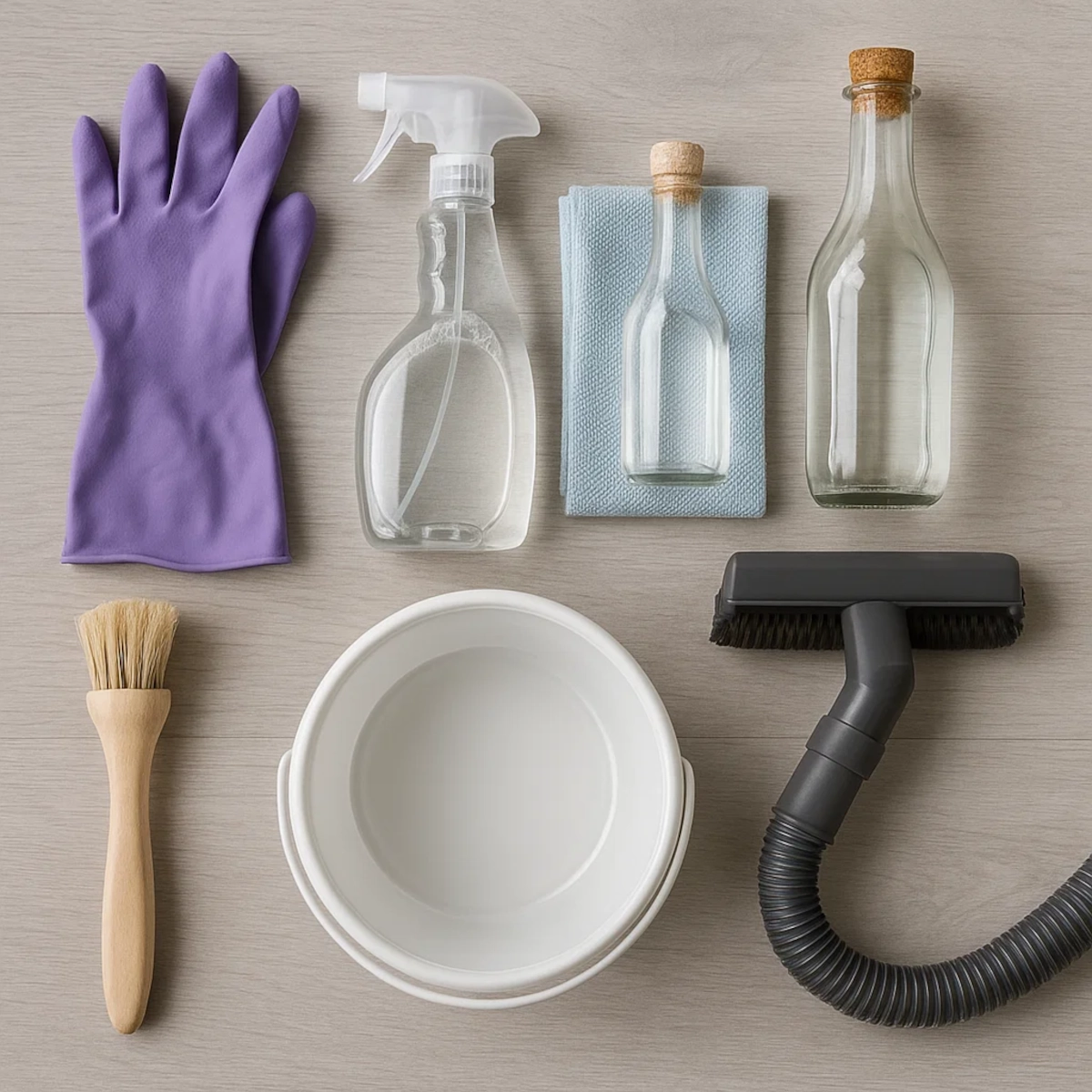 Gloves, spray bottle, cloth, brush, and tools for cleaning.