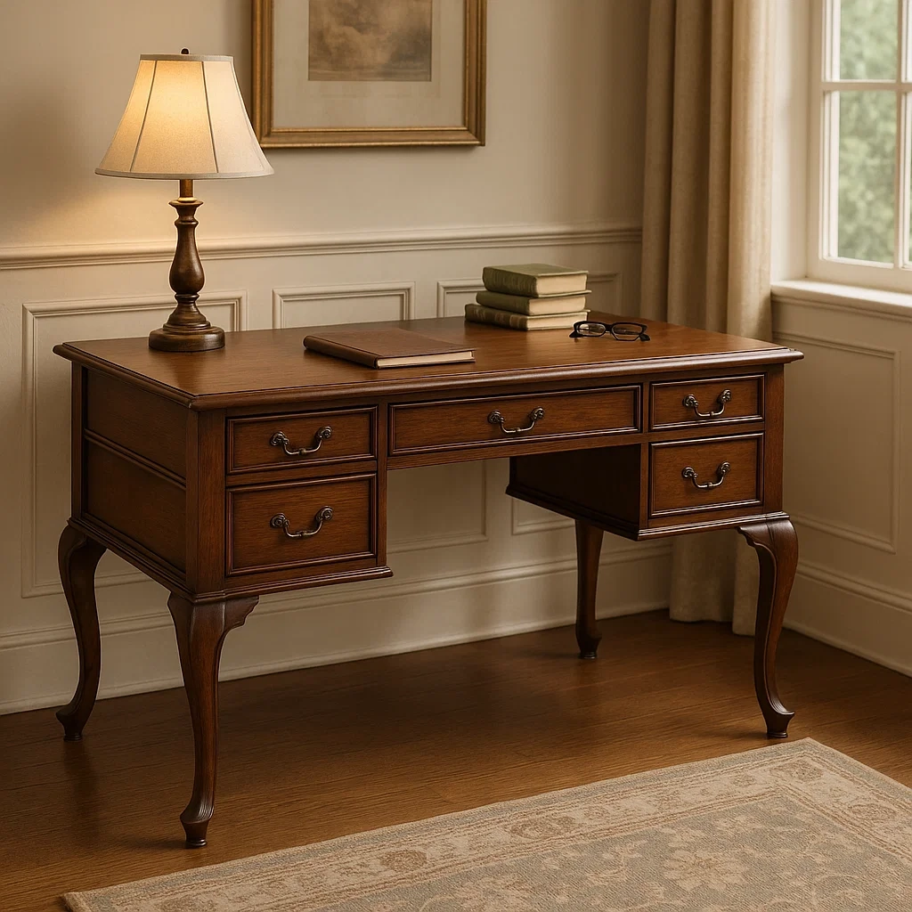 Classic wooden desk with drawers, lamp, and books.