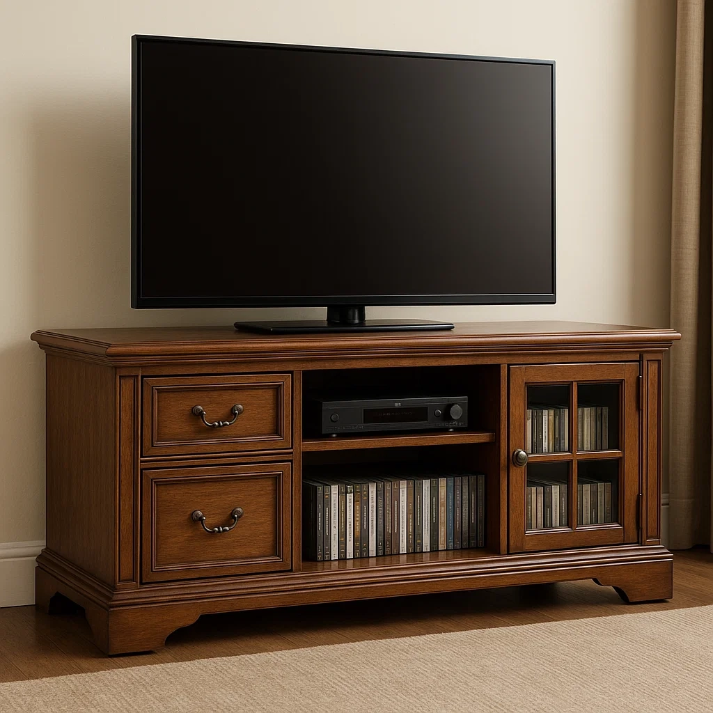Classic wood TV stand with drawers, glass-front cabinet, and decorative molding in a traditional living room.