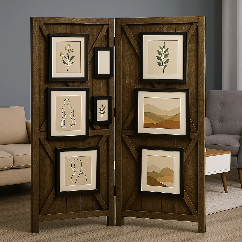 Room divider showcasing framed artwork, turning a functional piece into a gallery feature.