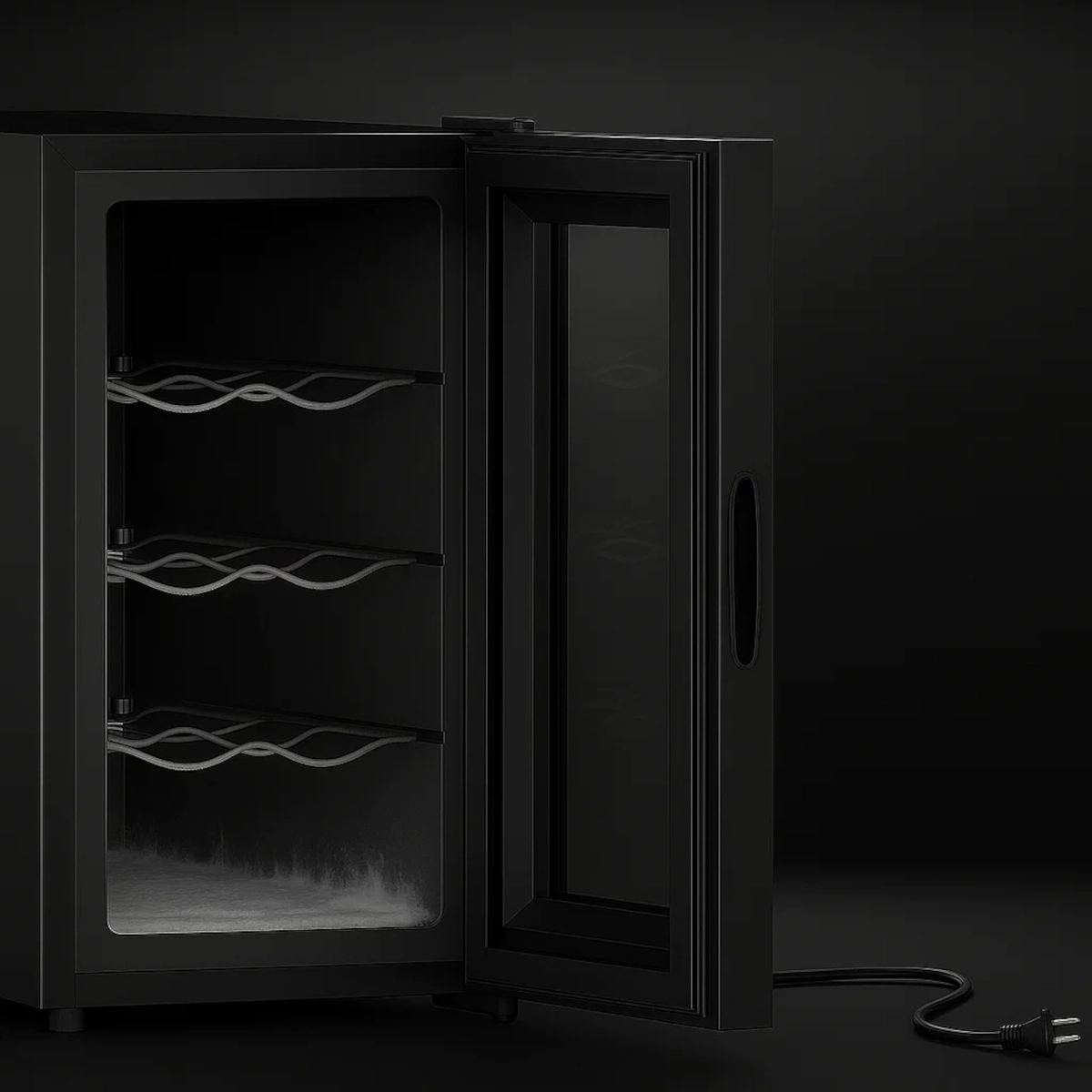 Empty wine fridge unplugged with minor frost buildup.