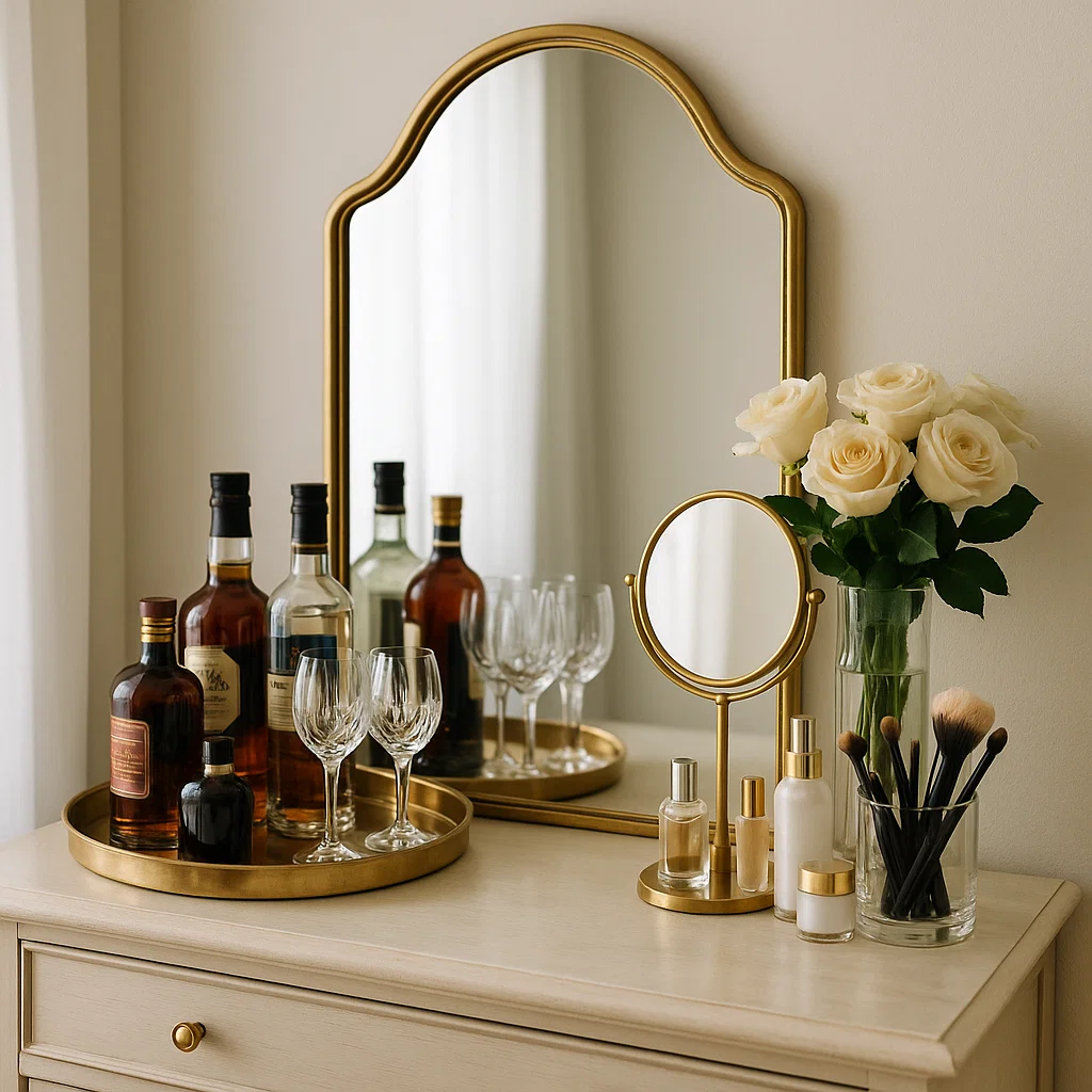 Vanity styled with gold mirror, liquor bottles, roses, and makeup brushes for a chic bar-cart look.