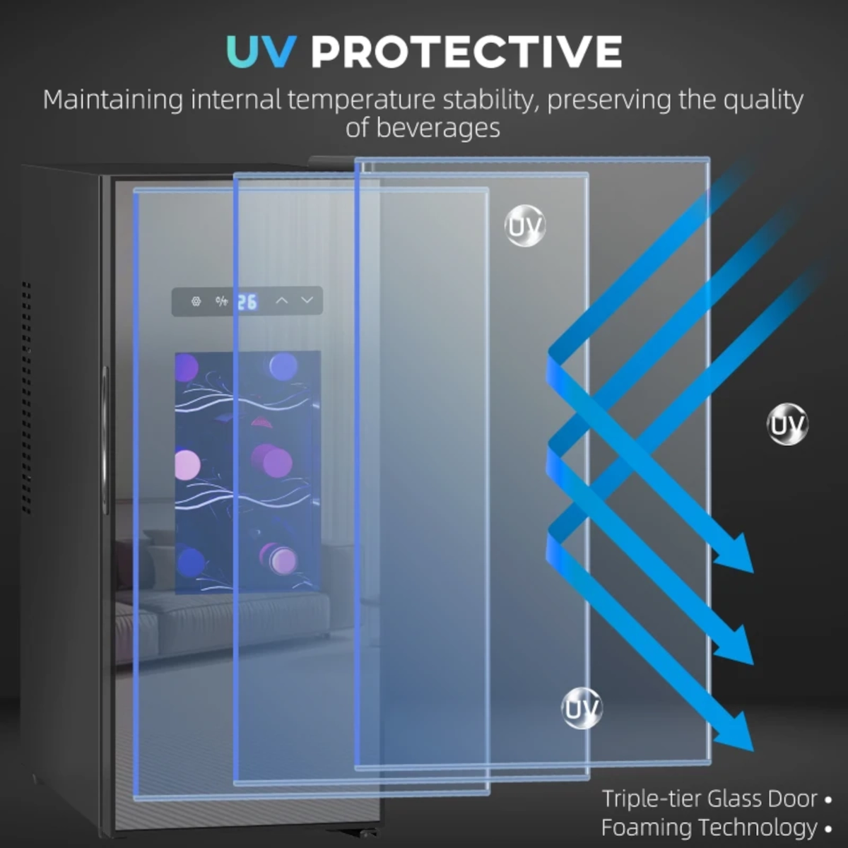 Wine fridge door glass layers blocking UV rays graphic