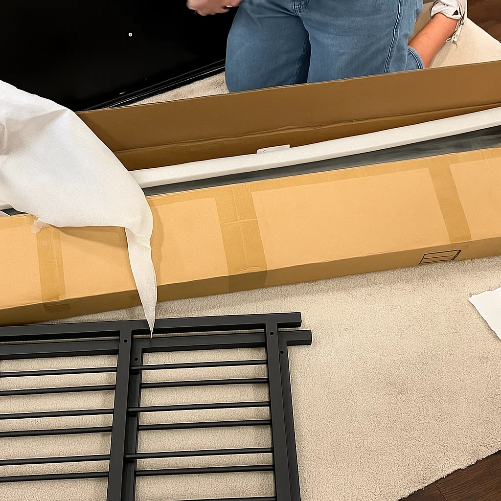 Person unboxing and arranging console table parts on carpet.